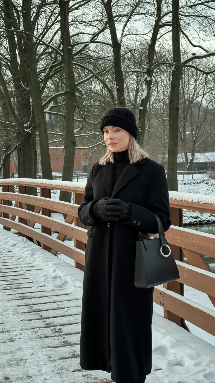 winter fashion outfits dressy classy All-Black Elegance with Wool Coat