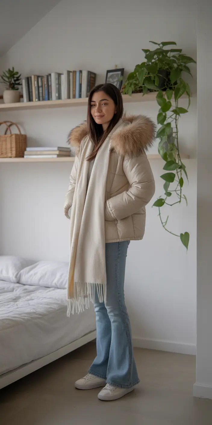 winter fashion outfits classy Neutral Puffer with Flared Denim