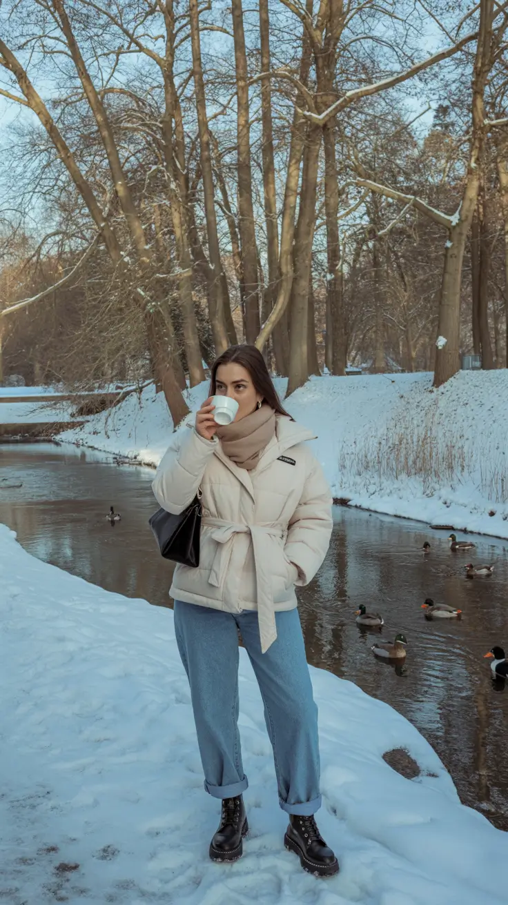 winter fashion outfits casual Cream Belted Puffer with Relaxed Denim