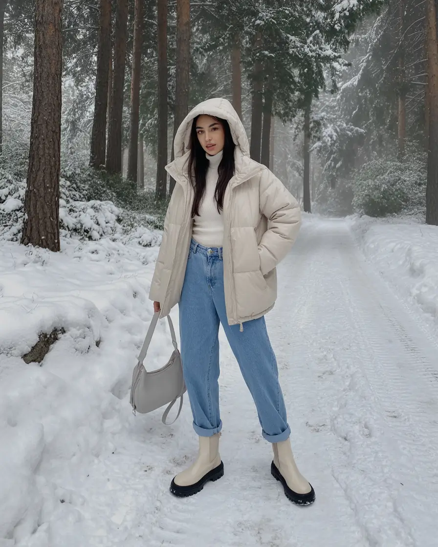 winter fashion outfits aesthetic Ivory Puffer with White Boots