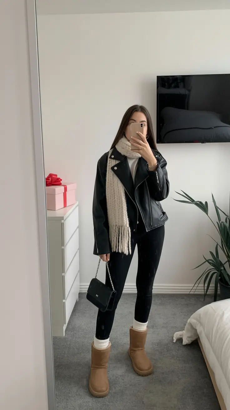 winter fashion outfits casual Leather Jacket with Cozy Scarf