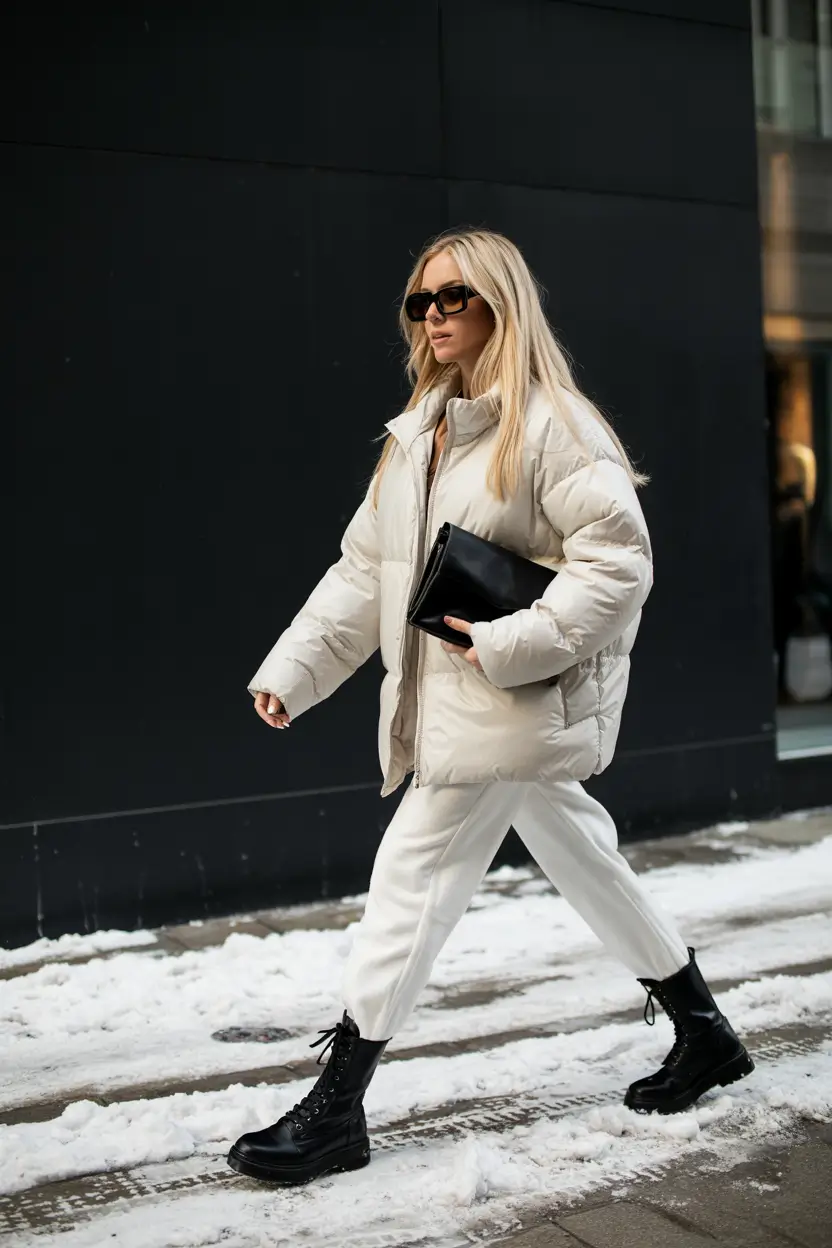 winter going out outfits Monochrome White with Combat Edge