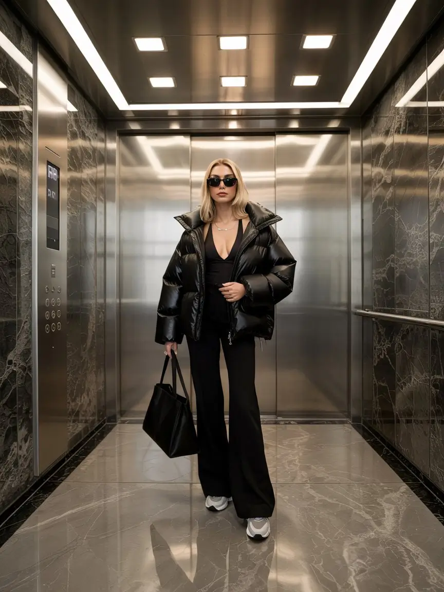 winter going out outfits Monochrome Black with Glossy Puffer