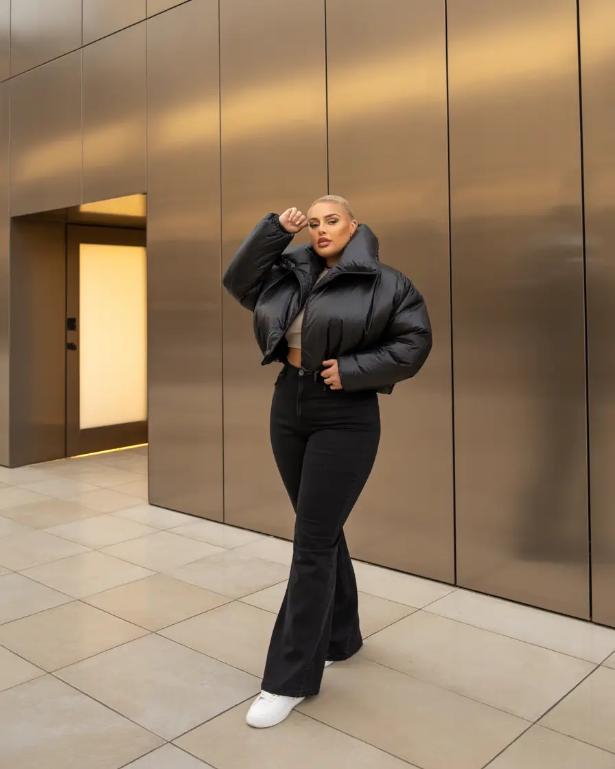 plus size winter outfits classy Cropped Puffer with Flared Power