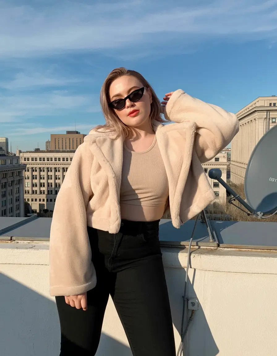 plus size winter outfits elegant Faux Fur Glam on the Rooftop