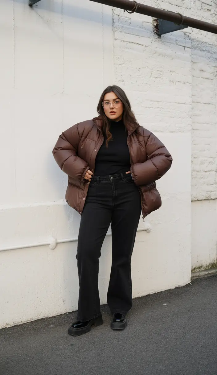 plus size winter outfits ideas 2025 Chocolate Puffer with Black Layers