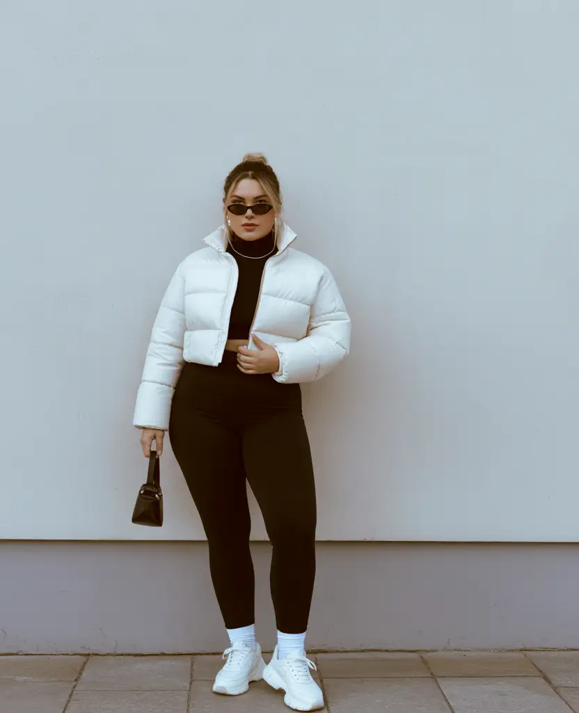 plus size winter outfits 2025 Sporty White Puffer with Black Leggings