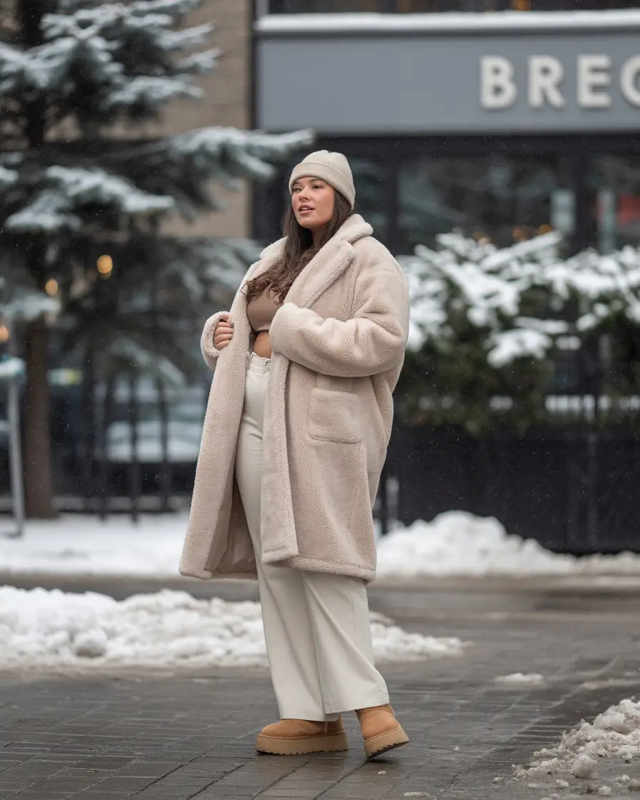 plus size winter outfits classy Neutral Teddy Coat with Wide Leg Pants
