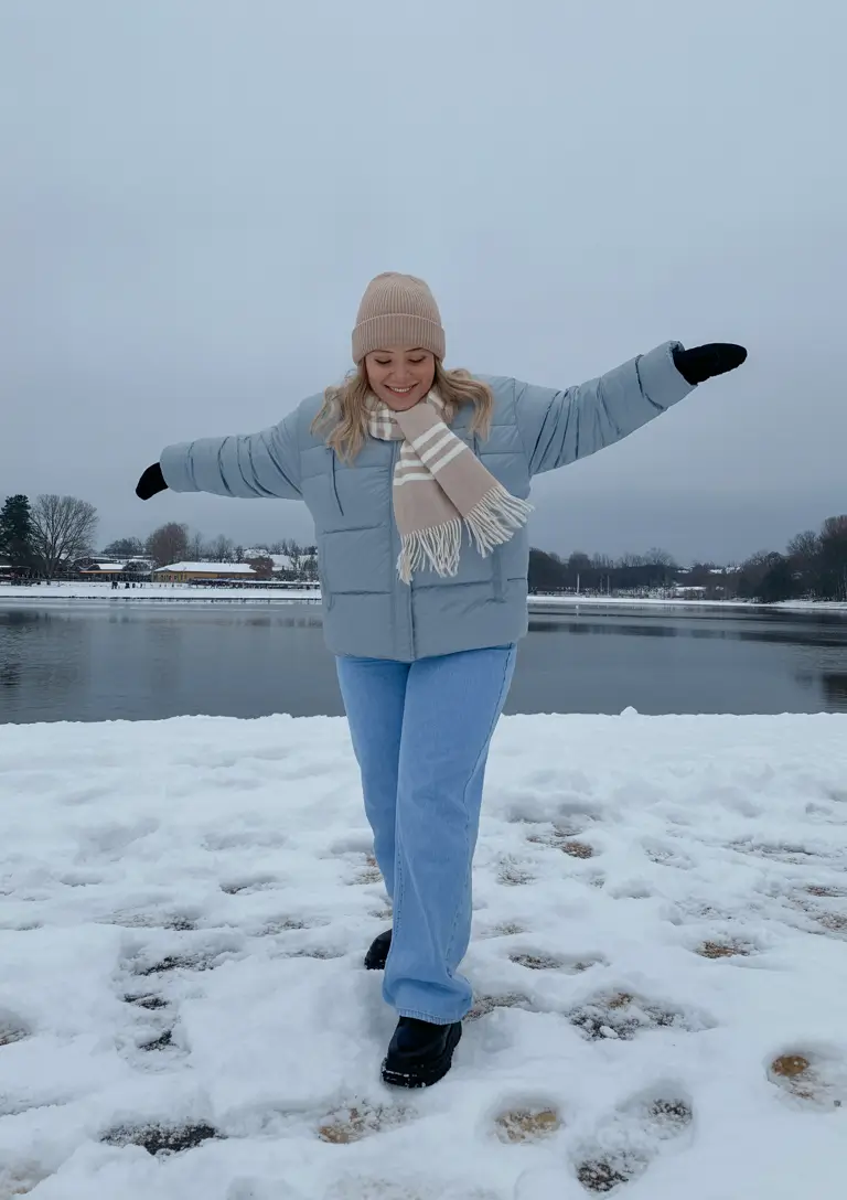 plus size winter outfits ideas Powder Blue Puffer with Light Denim