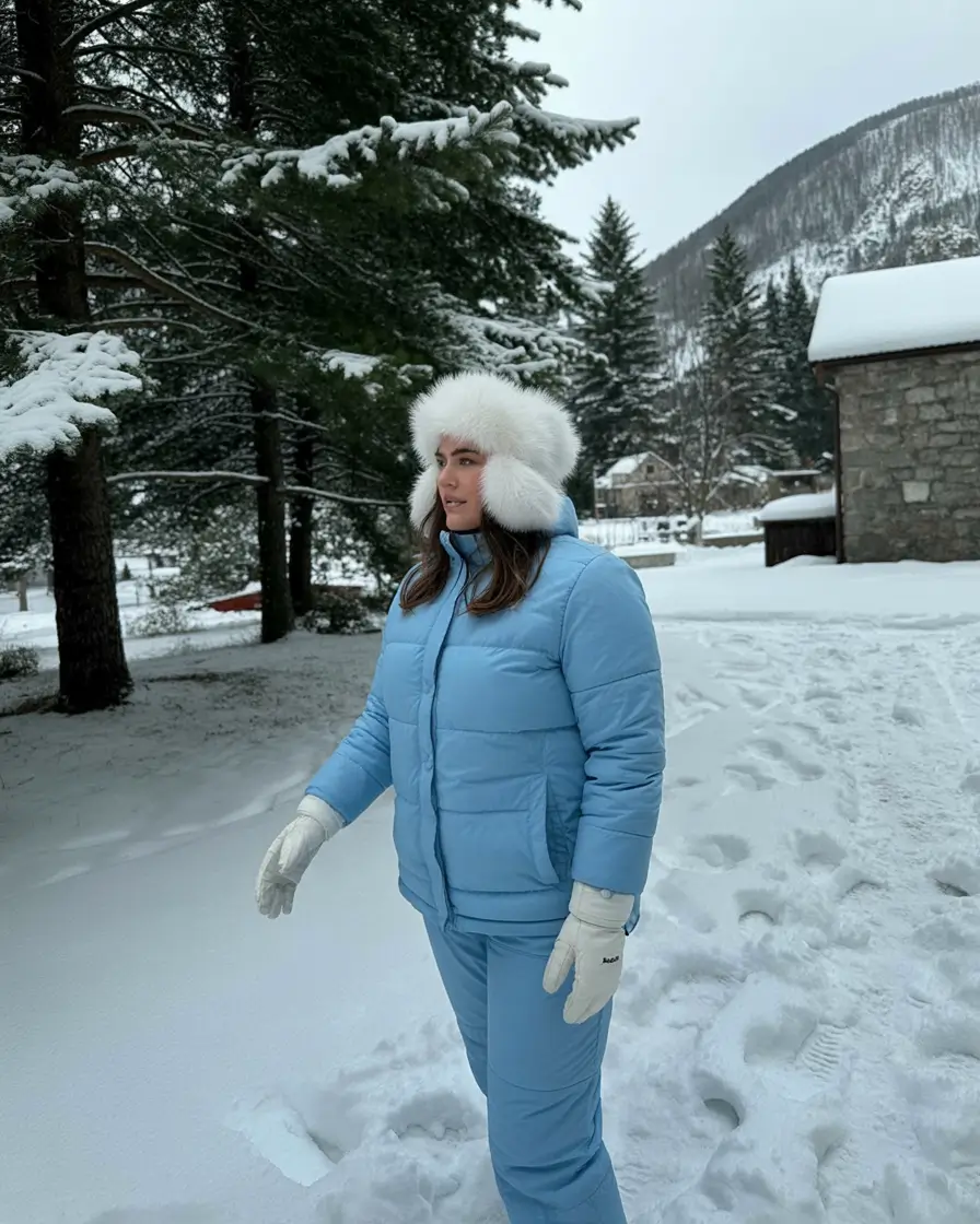 plus size winter outfits cold weather Powder Blue Ski Look with White Fur Hat