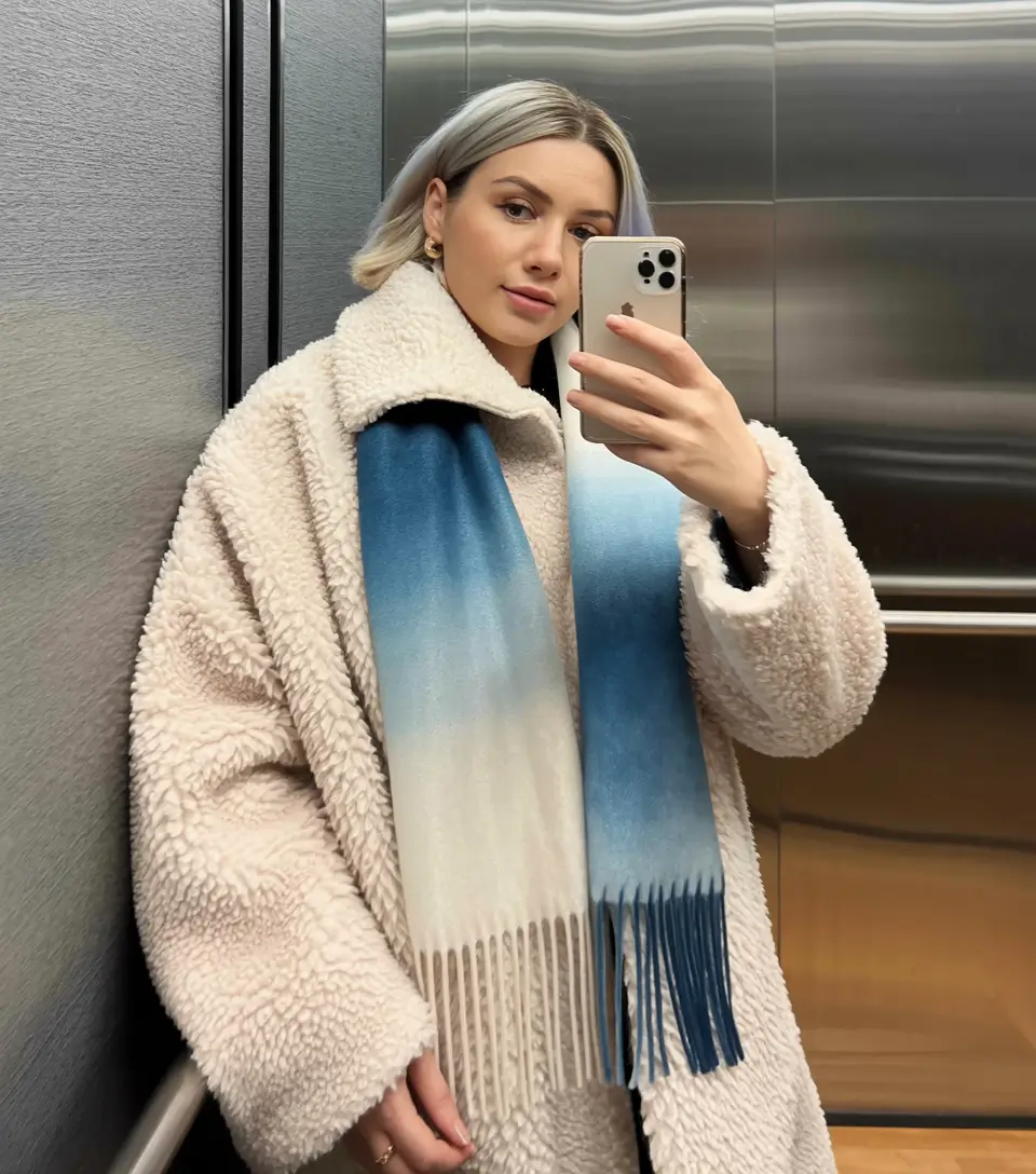 plus size winter outfits classy Shearling Coat with Blue Ombre Scarf