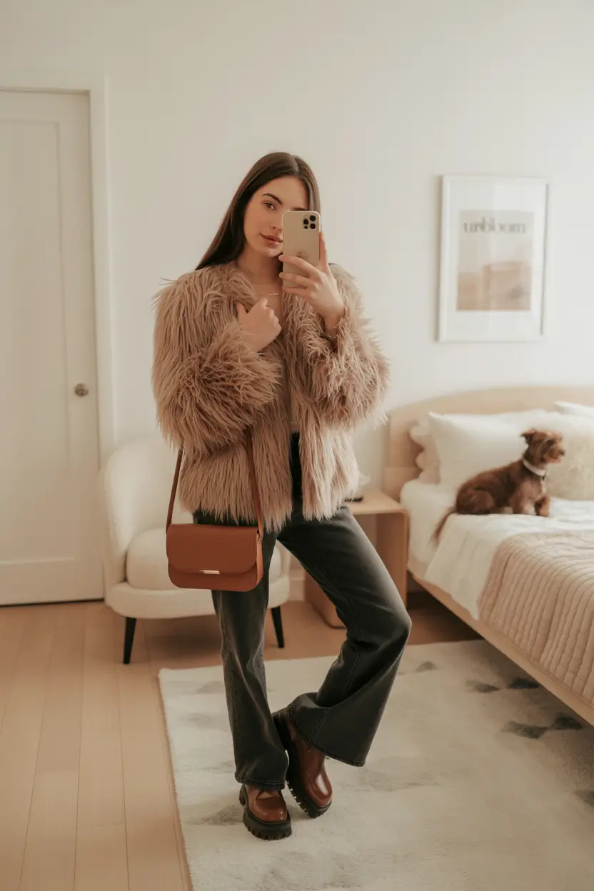 winter work outfits for women Soft Neutrals and Fluffy Textures
