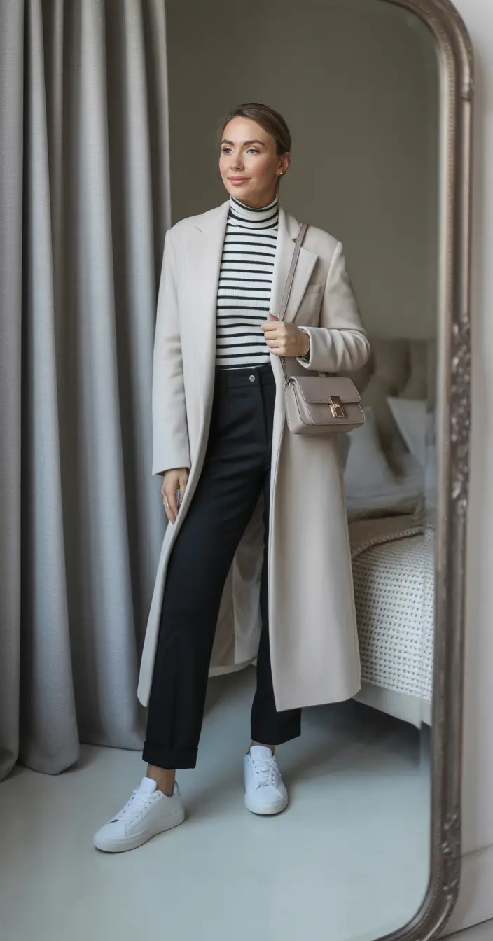 winter work outfits for women Effortless Stripes and Neutral Layers