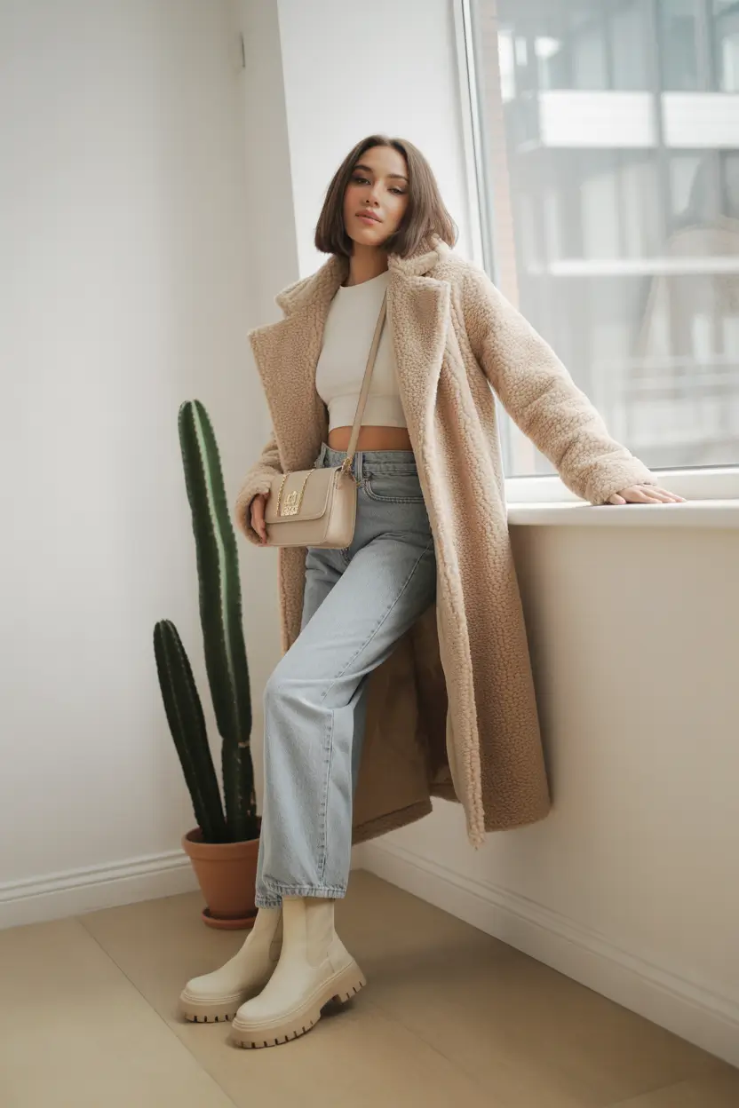 winter work outfits for women casual Cozy Denim and Teddy Texture