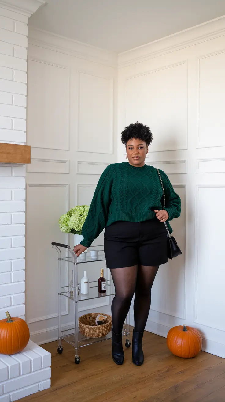 fall plus size outfits black women emerald knit with shorts
