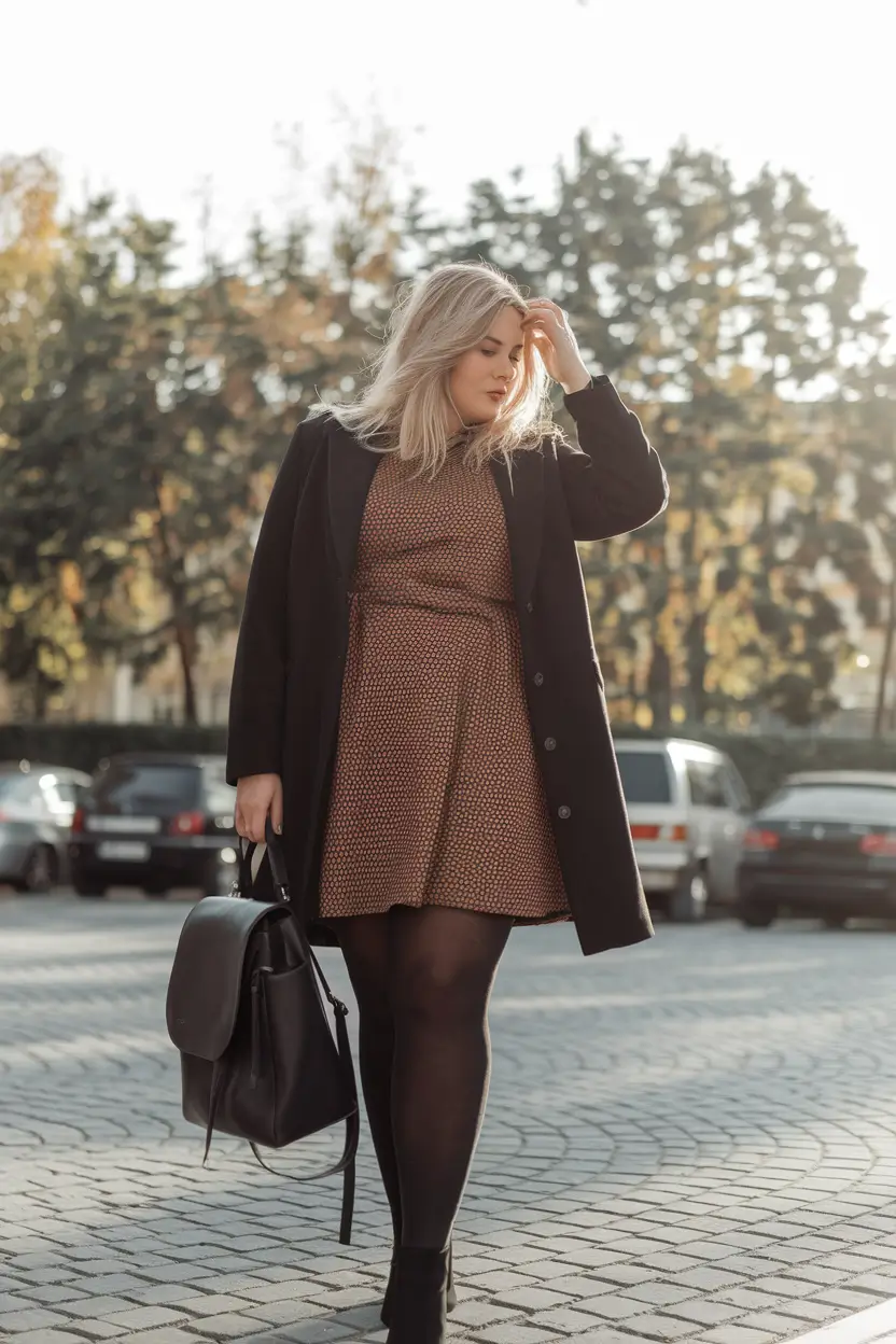 fall plus size outfits for work patterned dress and black coat