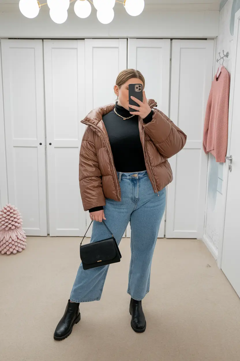 fall plus size outfits casual comfy puffer jacket and jeans