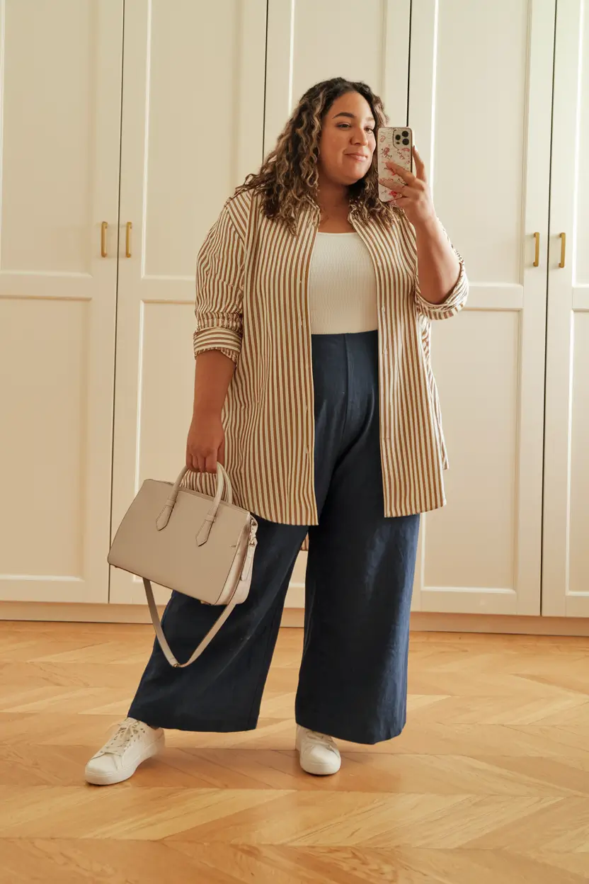 fall plus size outfits for work office Effortless Elegance with Stripes & Wide-Leg Comfort
