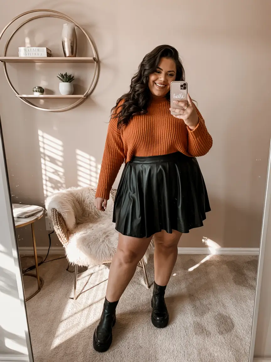 fall plus size outfits casual date night Pumpkin Spice & Faux Leather Skirts