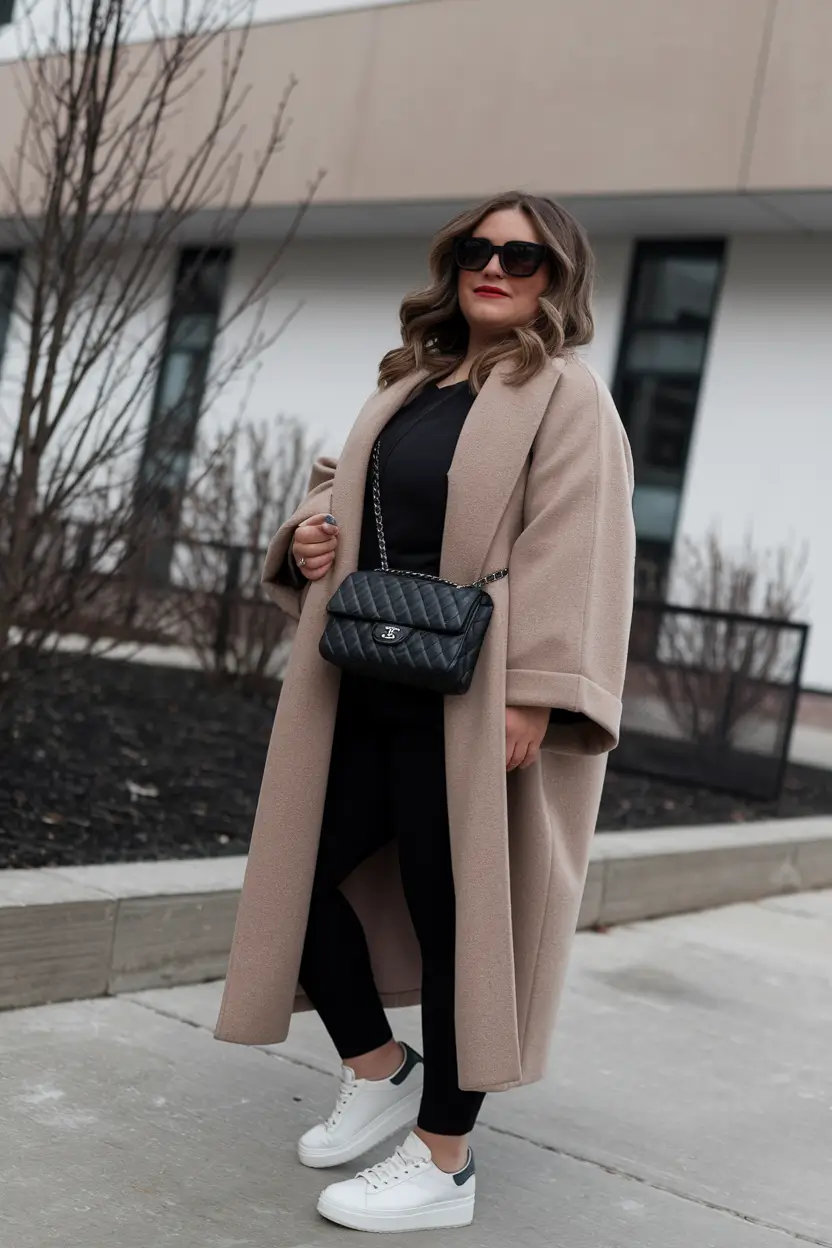 fall plus size outfits for work office camel coat minimalist