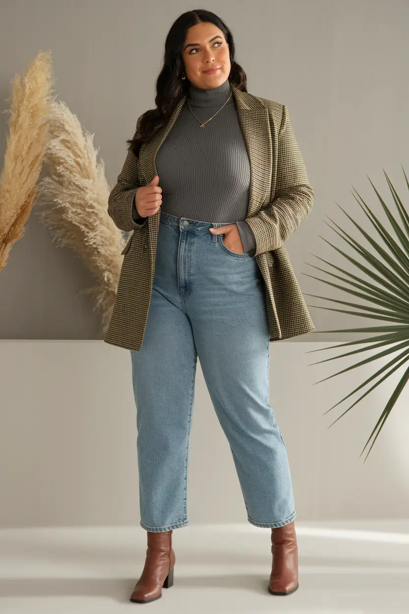 fall plus size outfits casual 2025 plaid blazer jeans