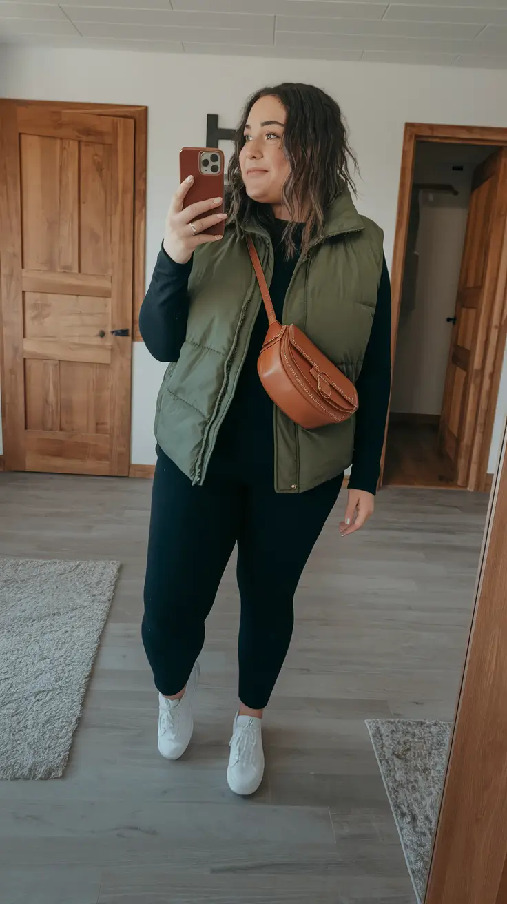 fall plus size outfits casual comfy puffer vest outfit