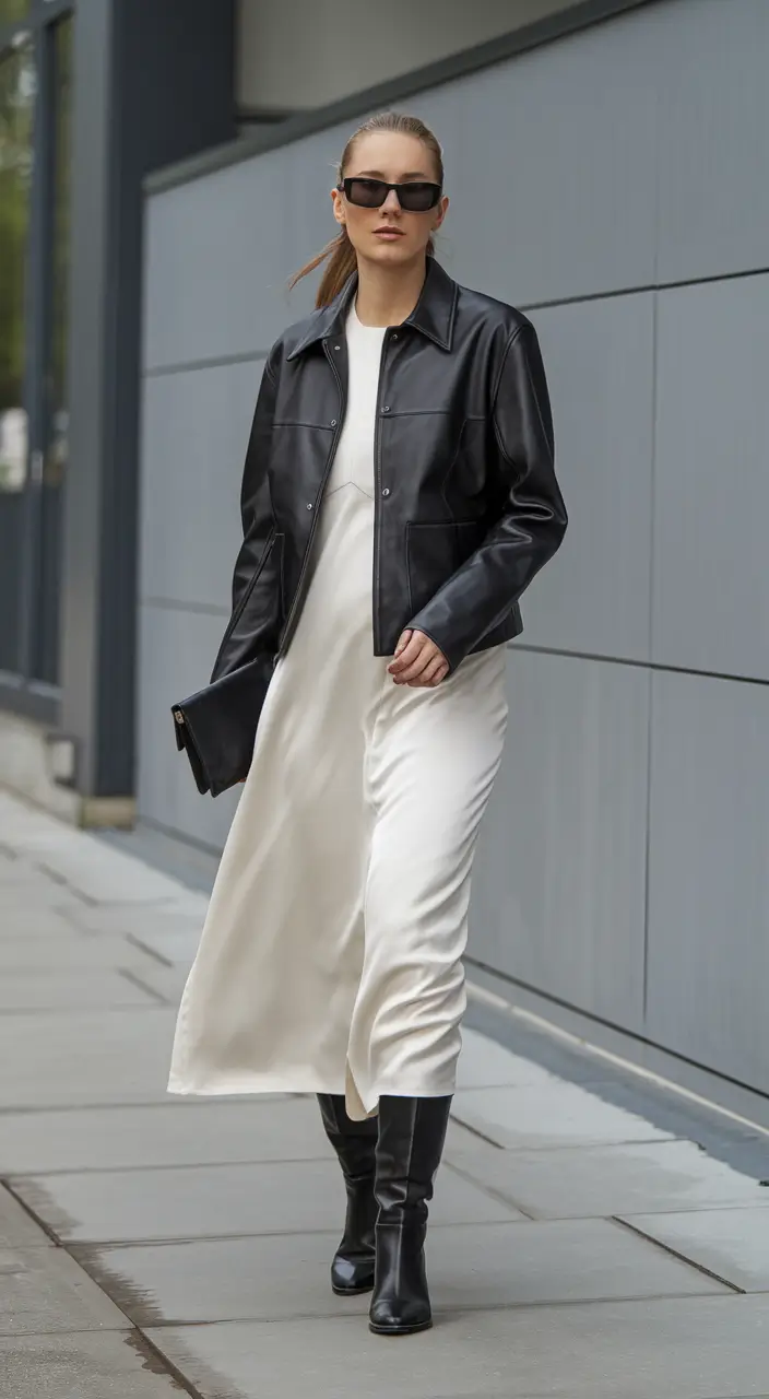 fall fashion inspo women+Minimalist Meets Edge With a Leather & Satin Combo