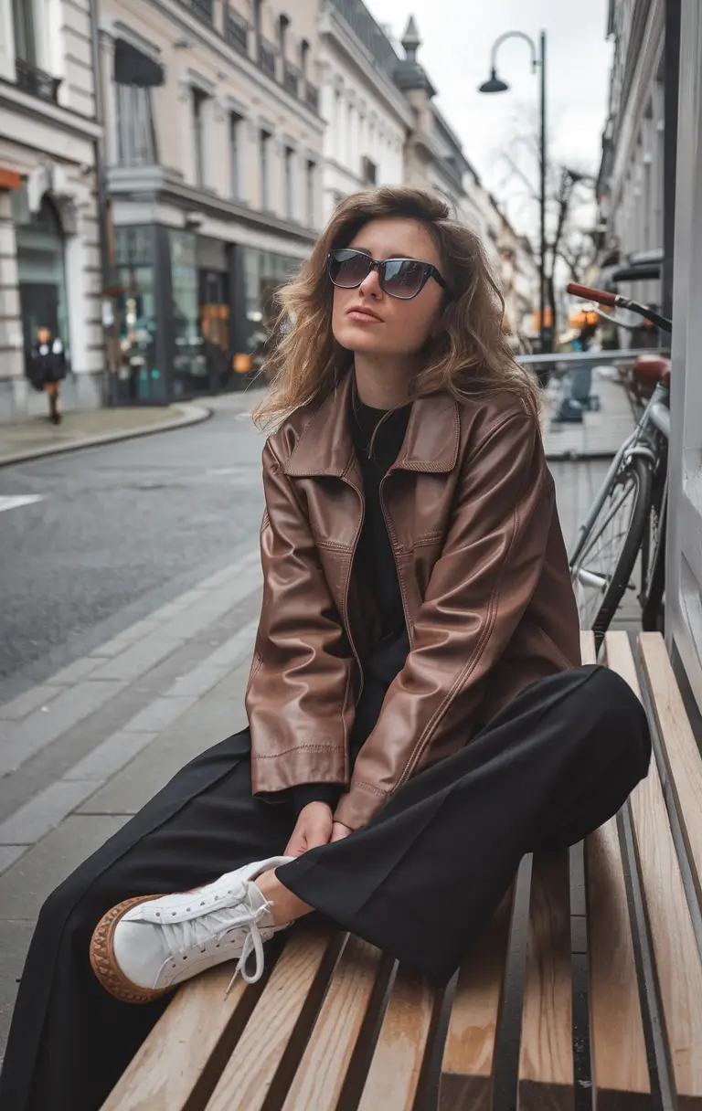 fall fashion inspo for women+Relaxed Cool in Wide-Leg Black Pants and Chestnut Leather
