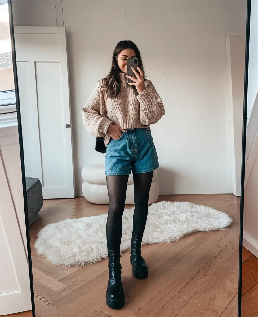 fashion inspo outfits for curvy women fall+Playful Proportions With Chunky Boots and Denim Shorts