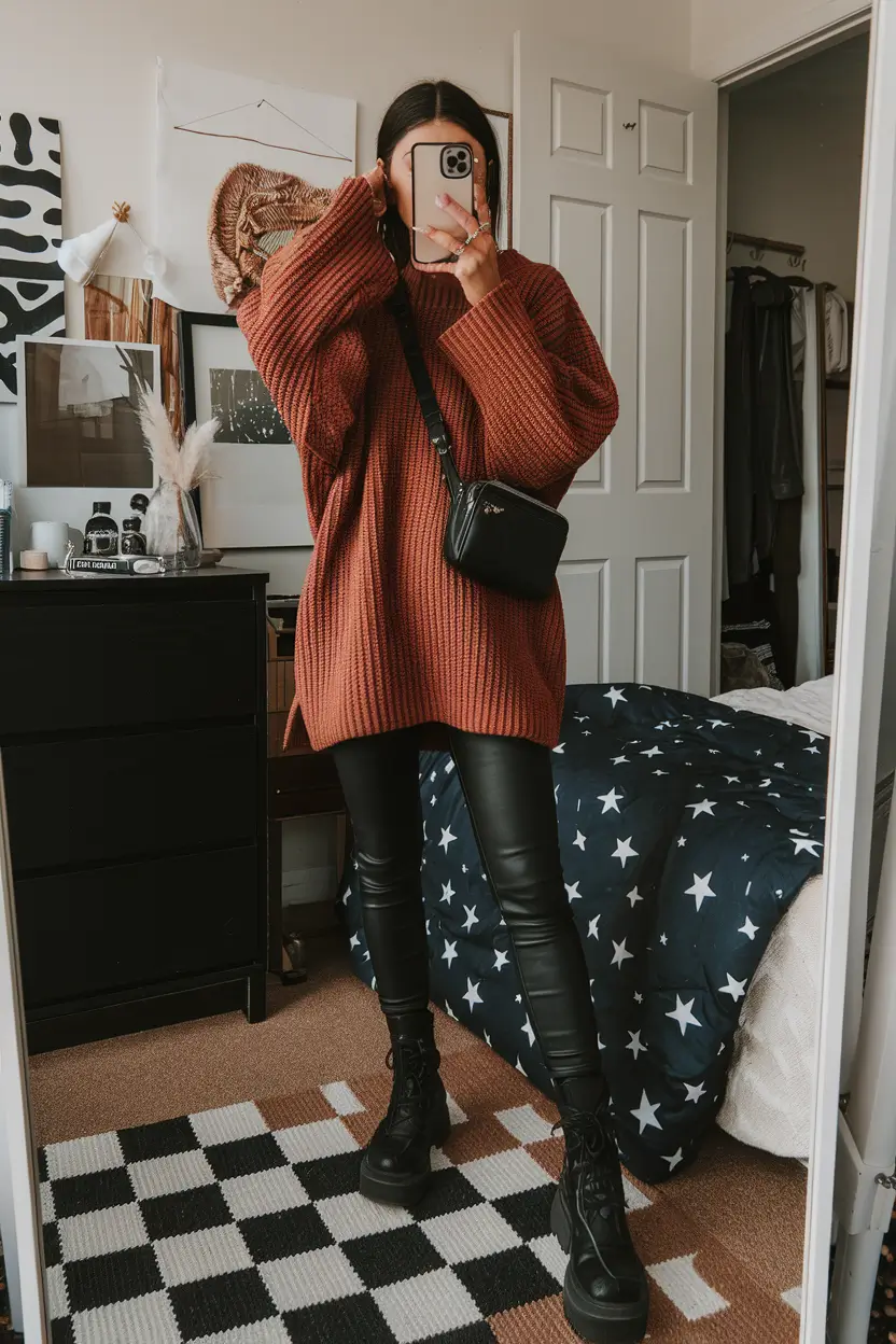 fall fashion inspo women Spice-Toned Oversized Knit & Faux Leather Leggings