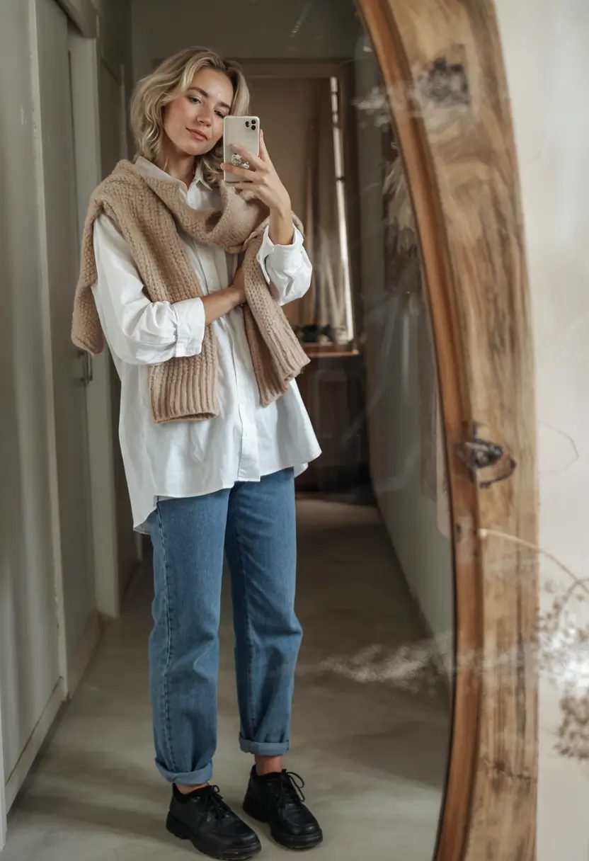 fall fashion inspo women Classic White Shirt with a Knit Tossed Over