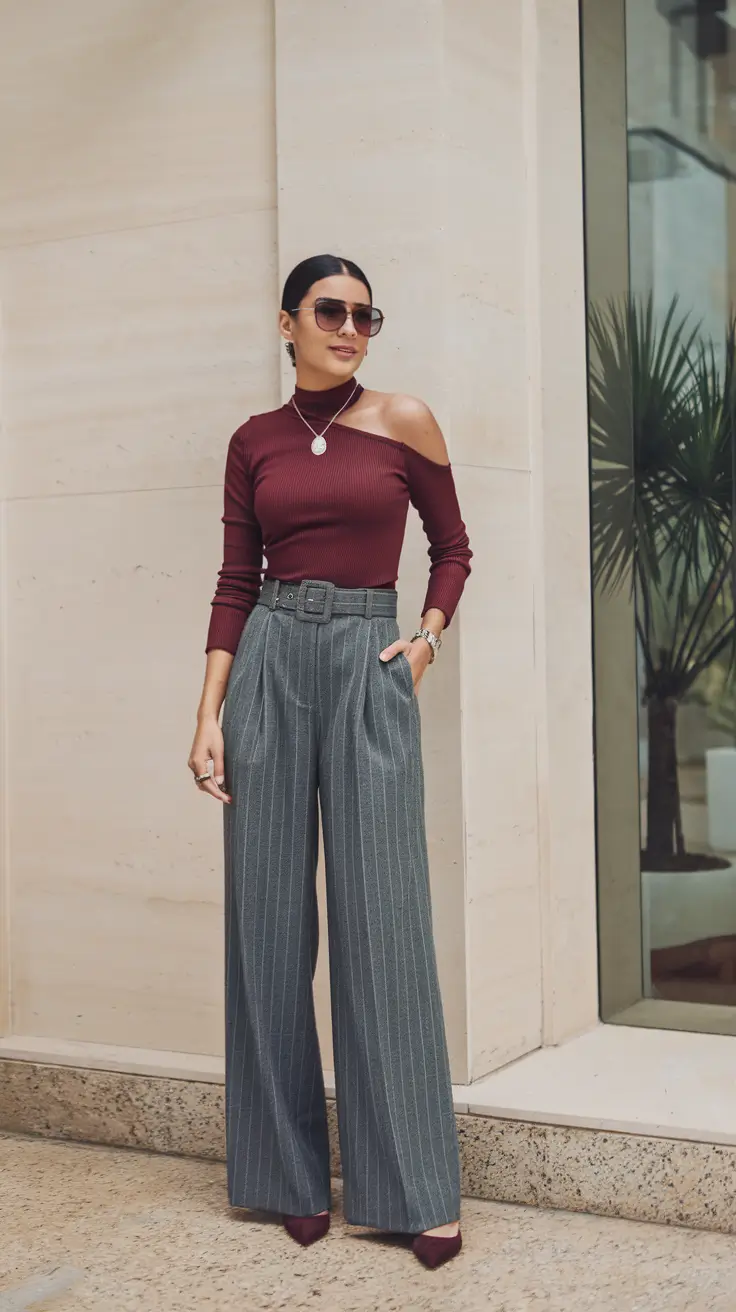 fall fashion inspo women Statement Shoulder and Pinstripes: A Strong Look with Feminine Energy