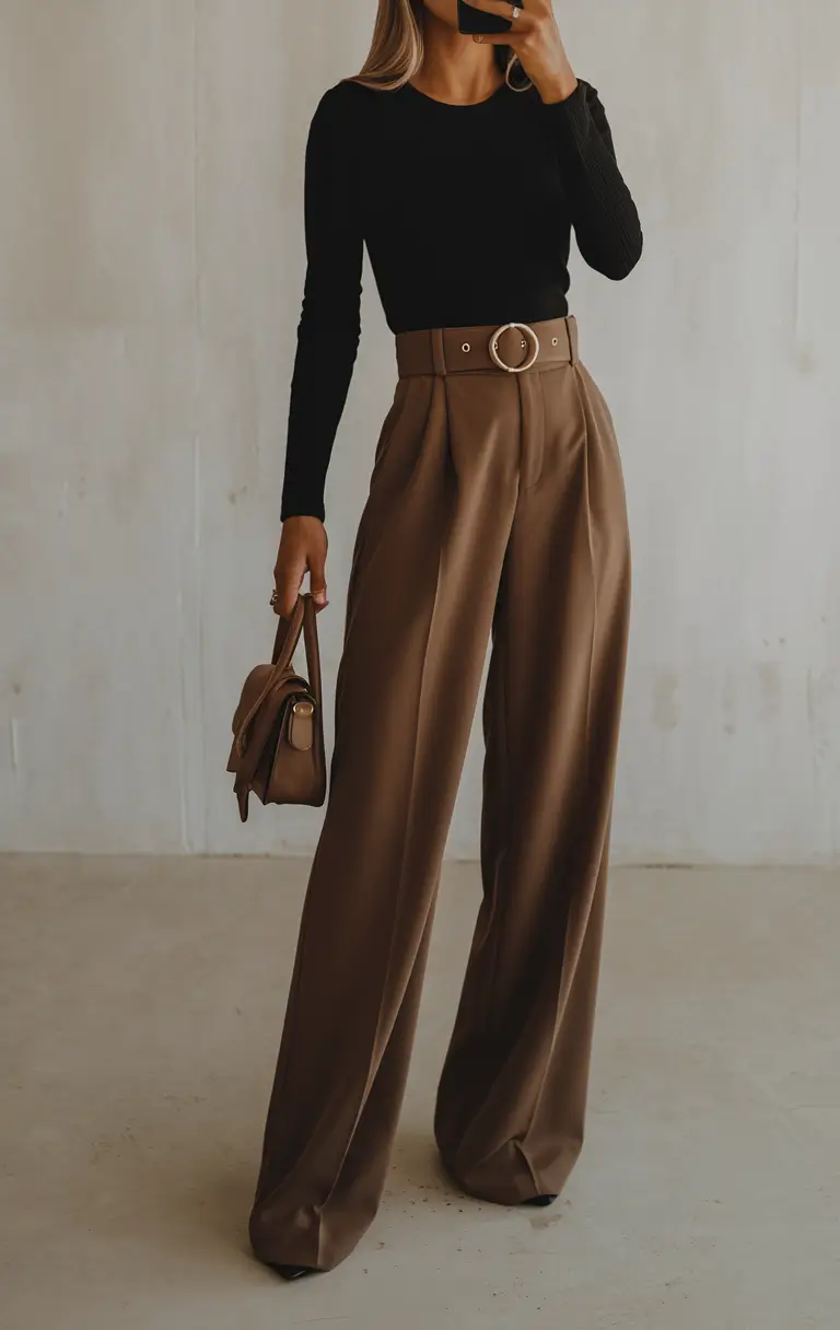 fall fashion inspo women Chocolate Tones with Serious Flair