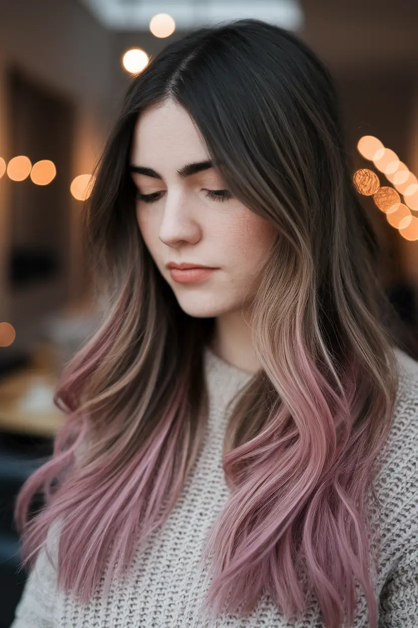 fall hair color trends for brunettes Smoky Rose Ends on Brunette Waves