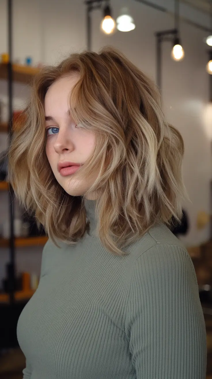 fall hair colors+Textured Honey Lob with Soft Contrast