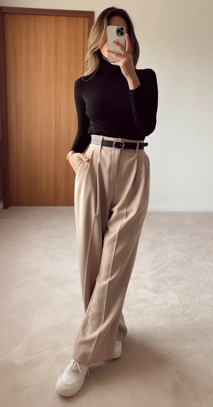 fall business casual outfits for work Monochrome Minimalism with a Luxe Belt