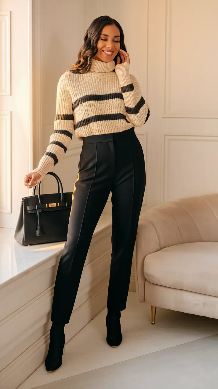 fall business casual outfits Striped Comfort with Polished Power