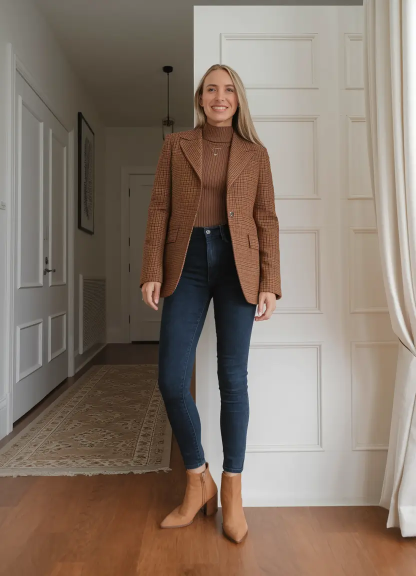fall business casual outfits jeans Retro Houndstooth and Polished Denim