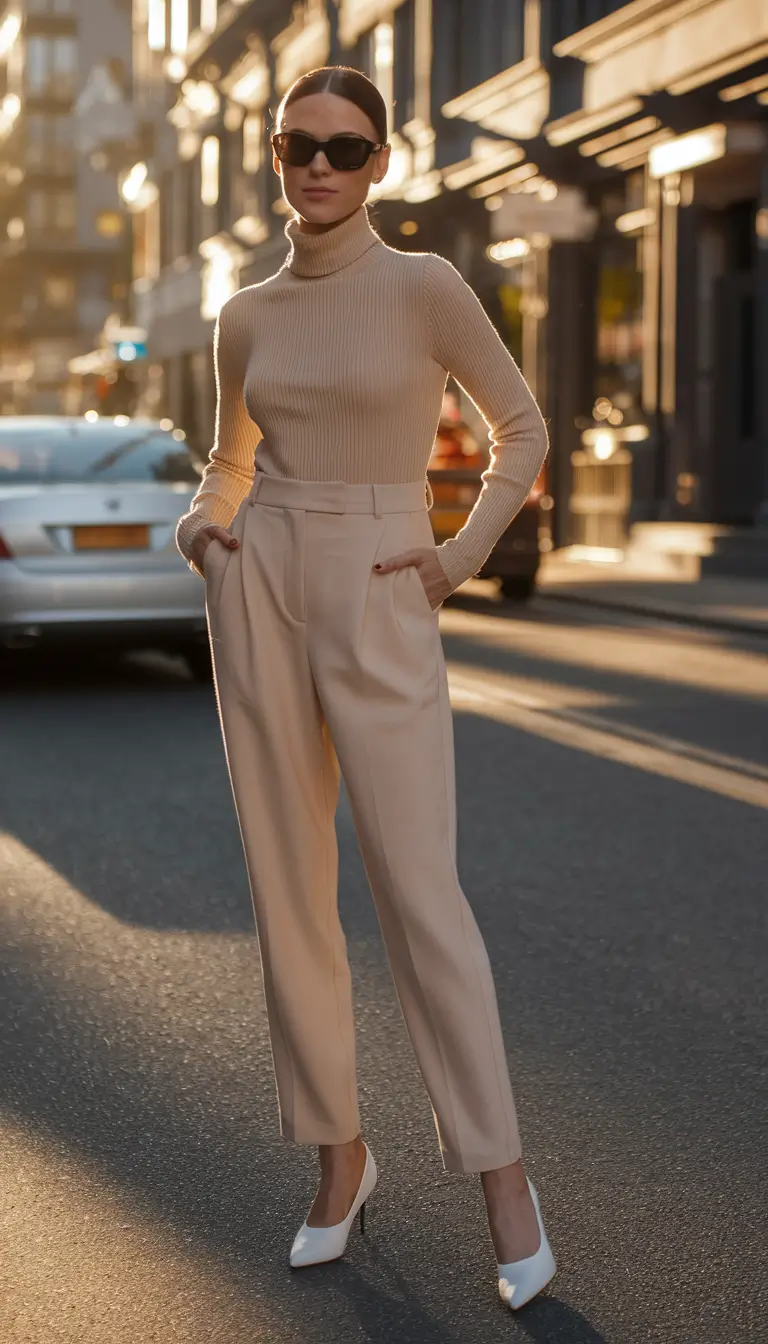 fall old money outfits casual Beige Turtleneck with Tailored Cream Pants