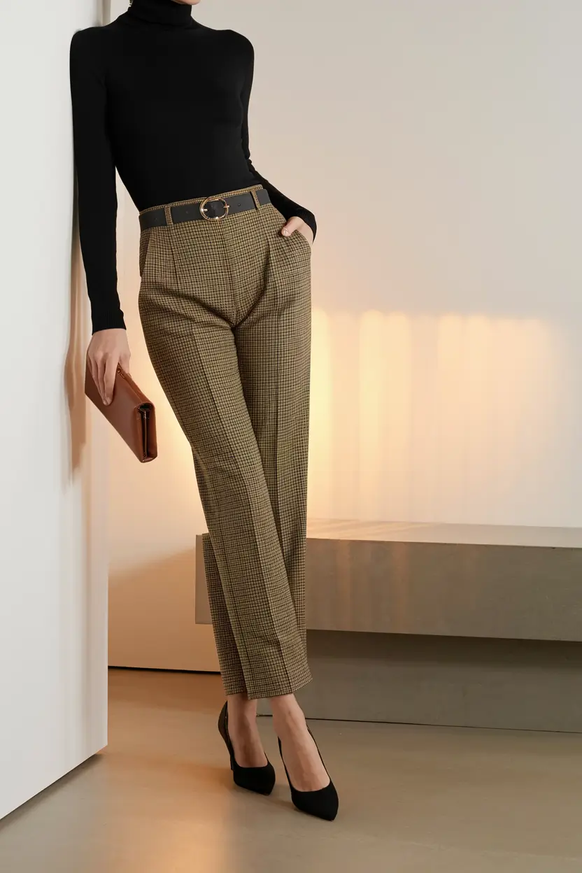fall old money outfits business High-Waist Trousers with Vintage Check & Black Turtleneck