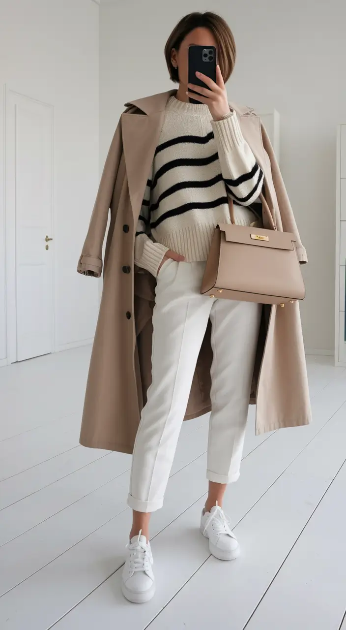 fall old money outfits casual Striped Knit, Trench, and White Trousers