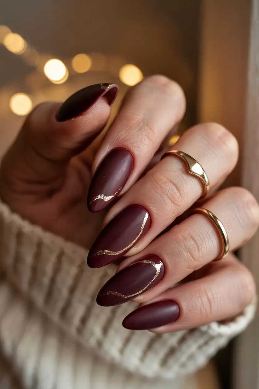 fall color nails Velvety Burgundy with Gold Traces