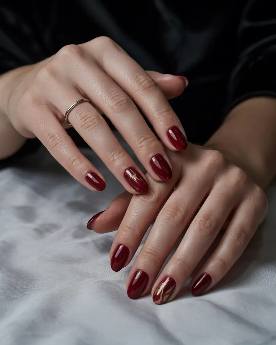 fall color nails 2025 Cabernet Red with Golden Streaks