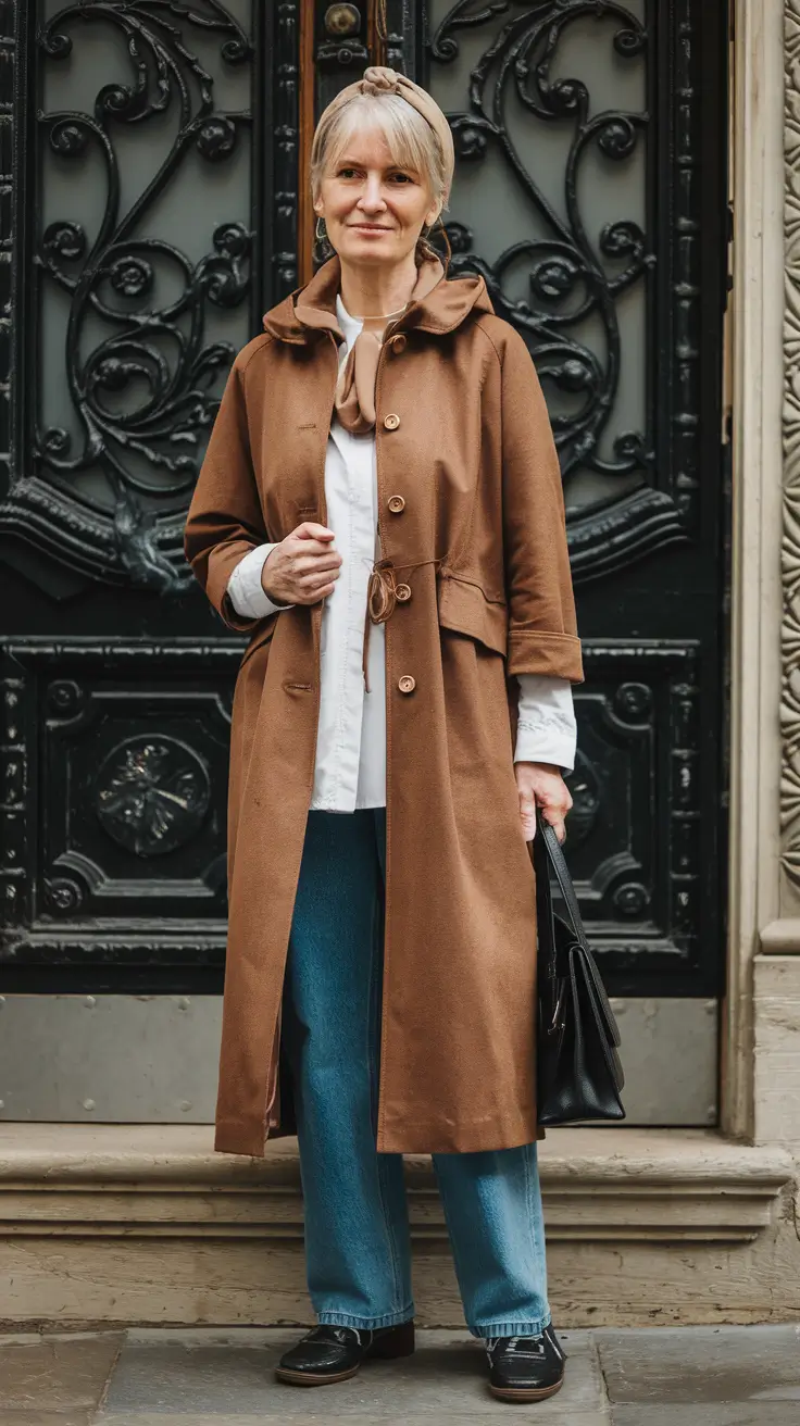 casual street styles Caramel Coat and Denim Classic