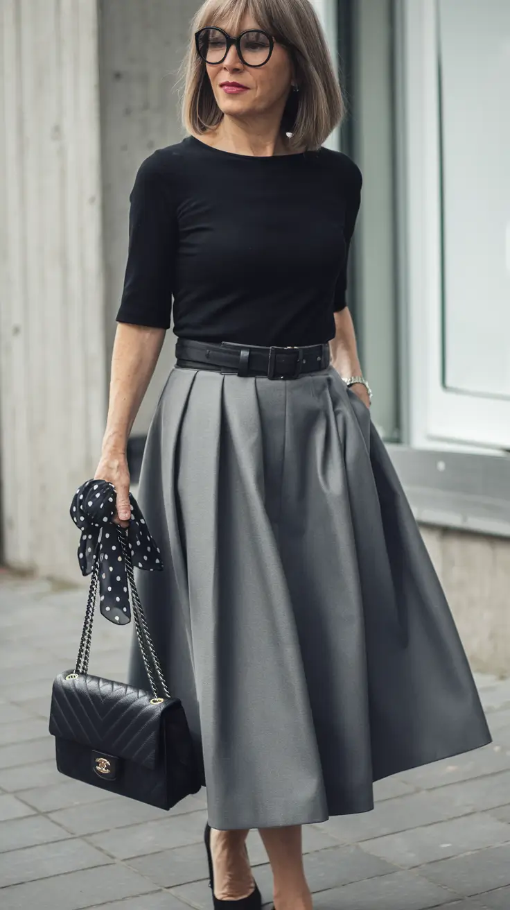 cute fall outfits for women skirt Monochrome Drama with a Midi Skirt