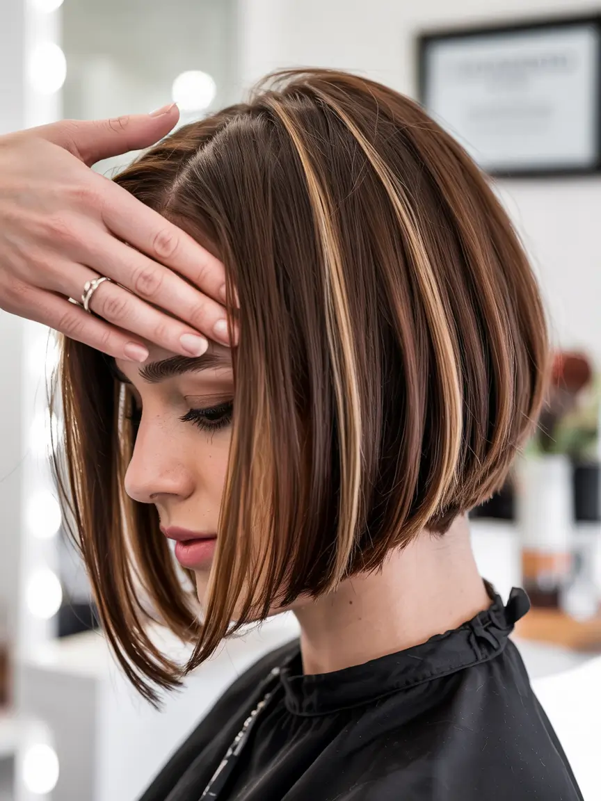 fall brown hair color chunky-ribbon-highlights-on-sleek-short-bob