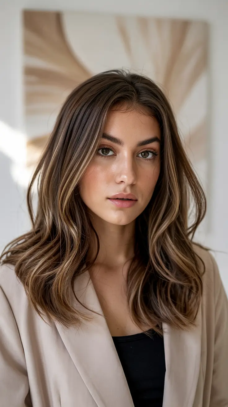 fall brown hair color with highlights Glossy Chestnut with Subtle Honey Strips