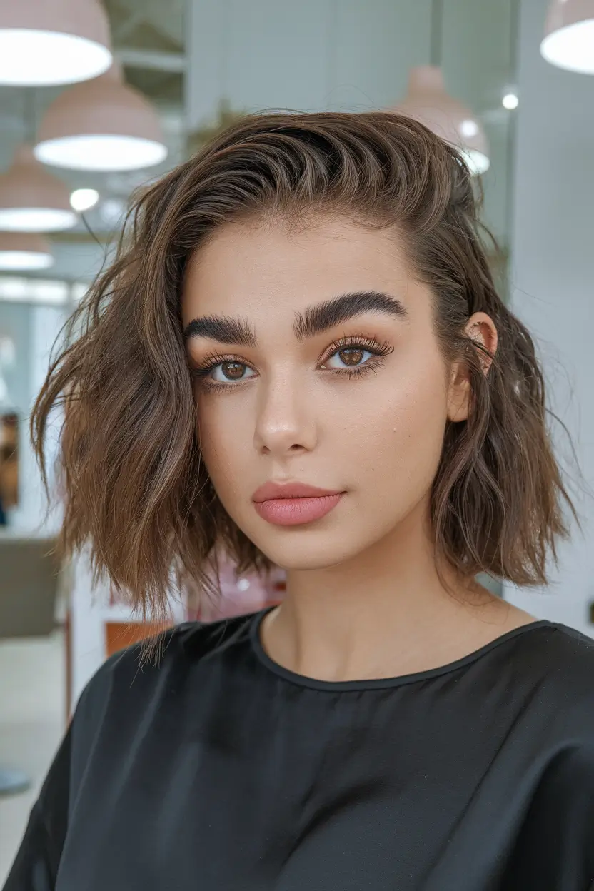fall brown hair color volumized-textured-short-bob-shadow-root