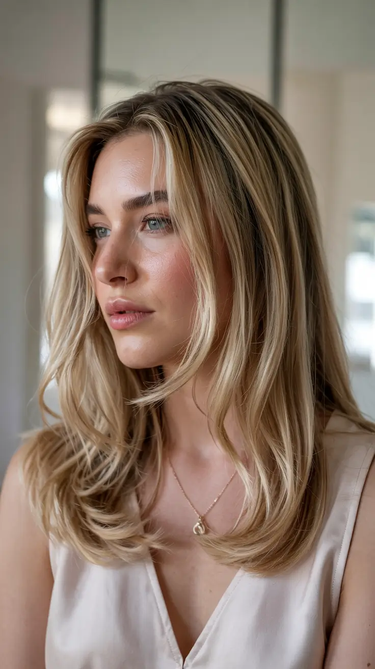fall hair color for blondes with bangs Layered Vanilla Blonde with Subtle Curtain Bangs