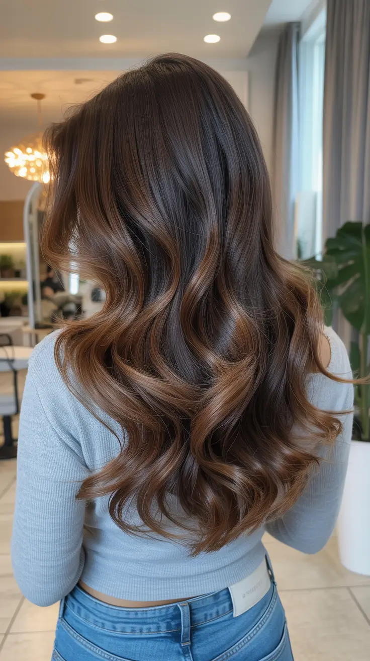 fall brunette hair color 2025 Soft Mocha Ribbons with Luxe Waves